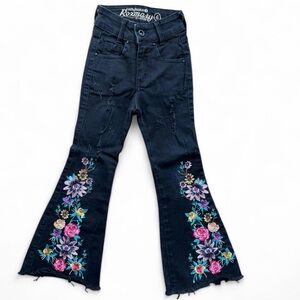 Girls 6 years black cowgirl embroidered flare bell bottom jeans with flowers